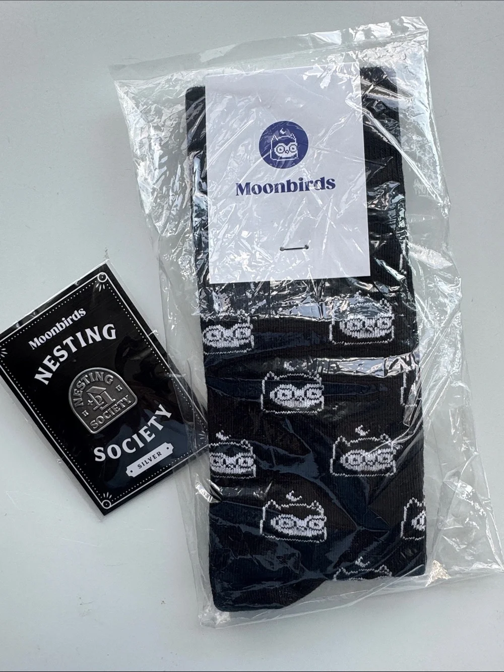 Black Moonbirds Socks and Nesting Society Pin